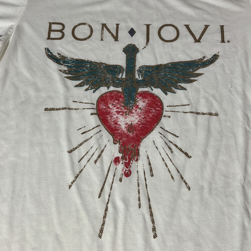 Bon Jovi White Band Graphic Tee Womens Top T-shirt Large Sword Angel Wings Heart - Picture 3 of 5